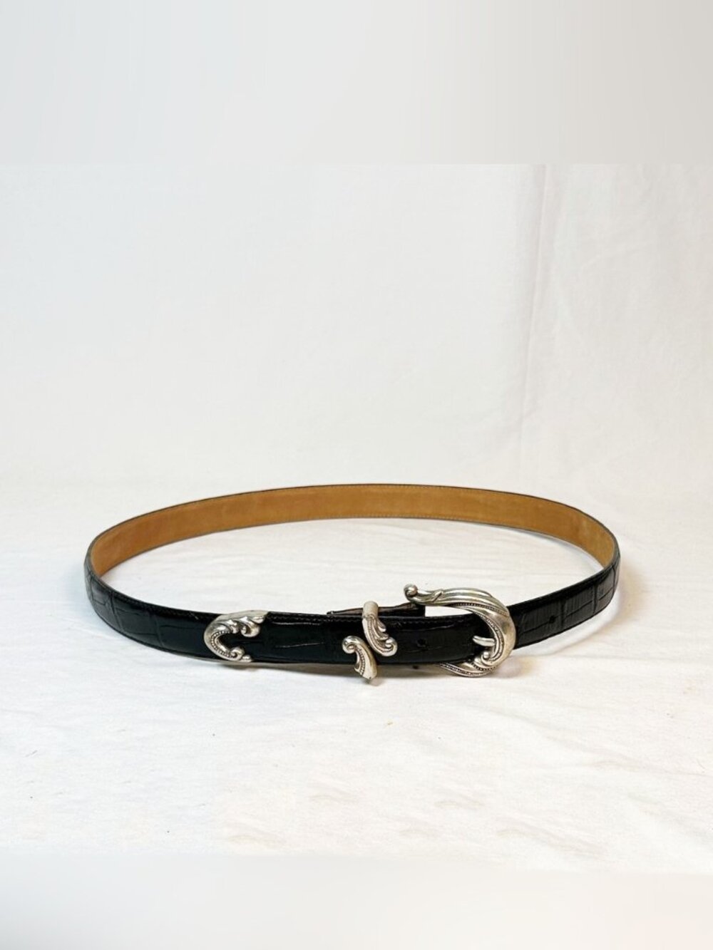 Vintage Brighton Black Leather Croc Embossed Silver Buckle Western Belt~XL~